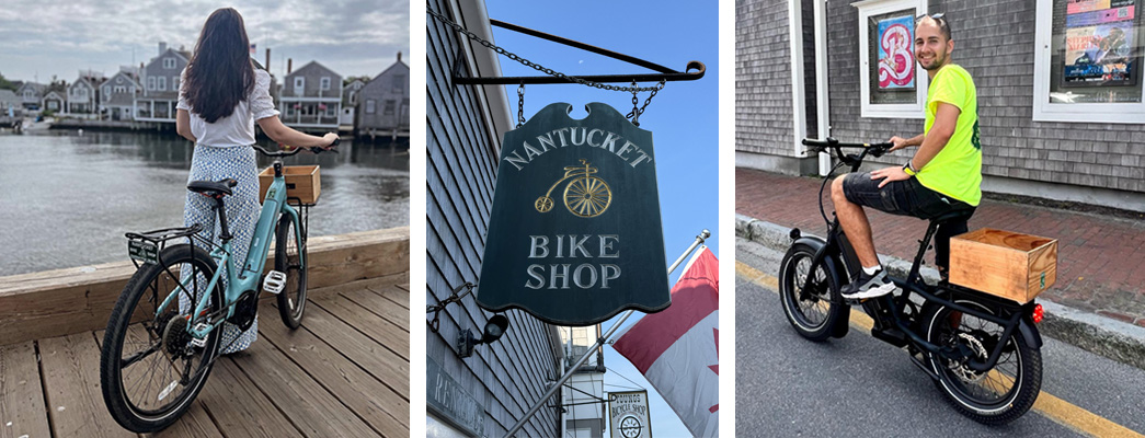 banner with center image of bike shop sign and image on both sides of people on ebikes separated with vertical white lines
